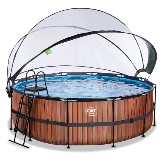 EXIT Wood pool ø427x122cm med sandfilterpump och tak - brun